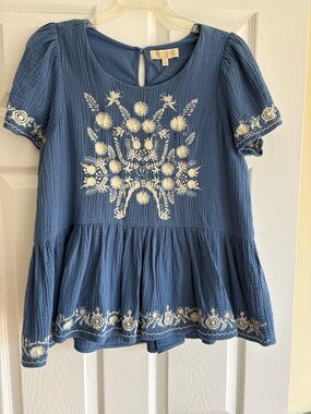 Anthropologie Blue Embroidered Peplum Blouse